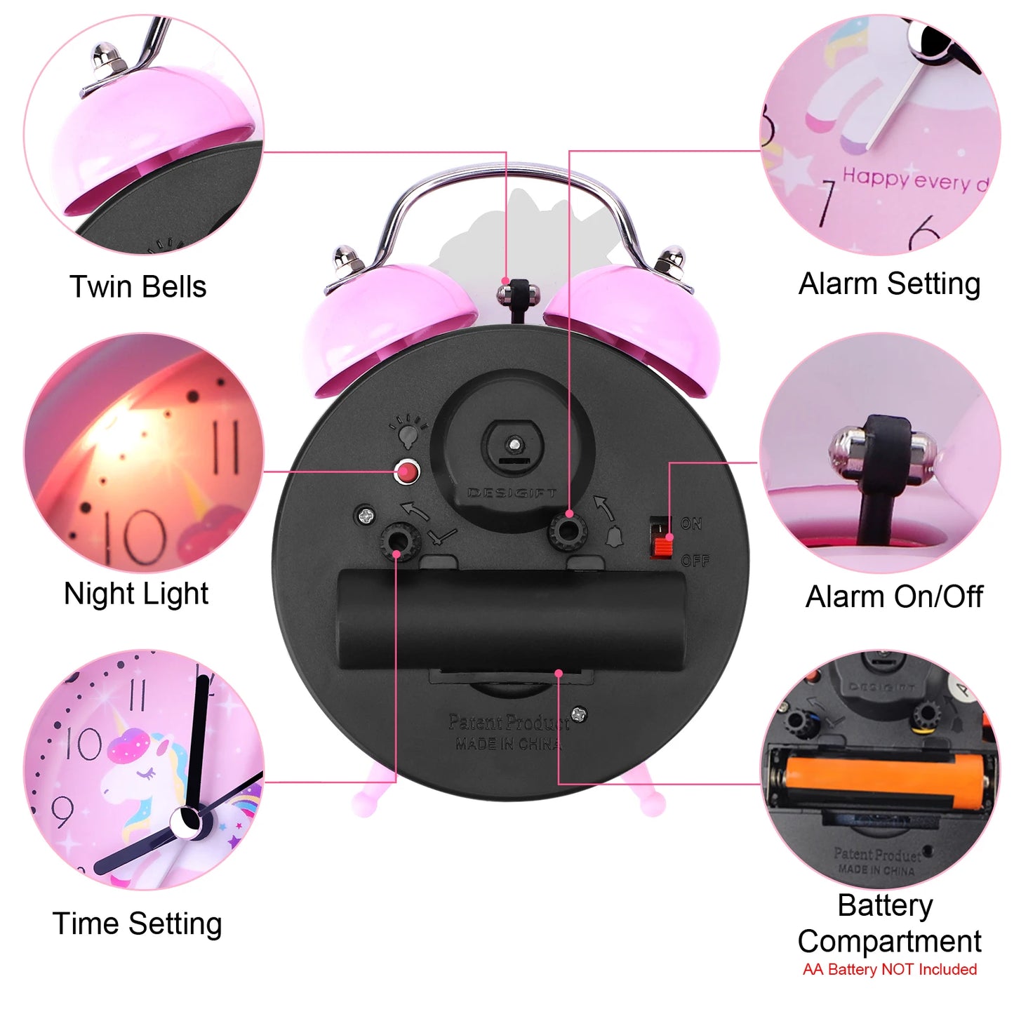 Unicorn Kids Alarm Clock – Double Bell, Night Glow, Backlight