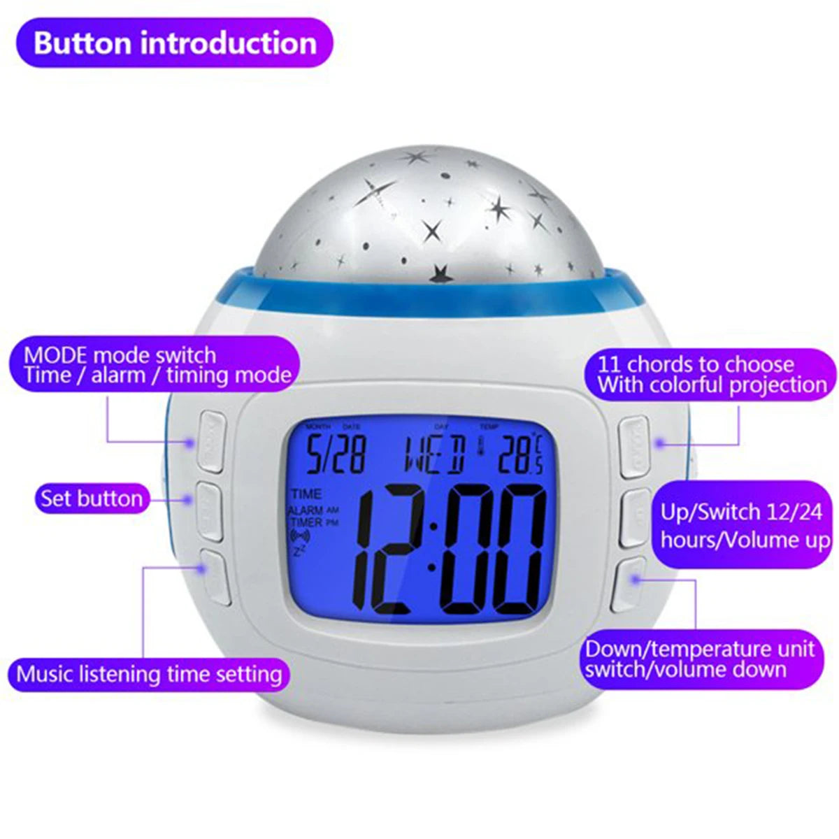 Alarm Clock Kids Projector – Star Sky, Color LED, Night Light